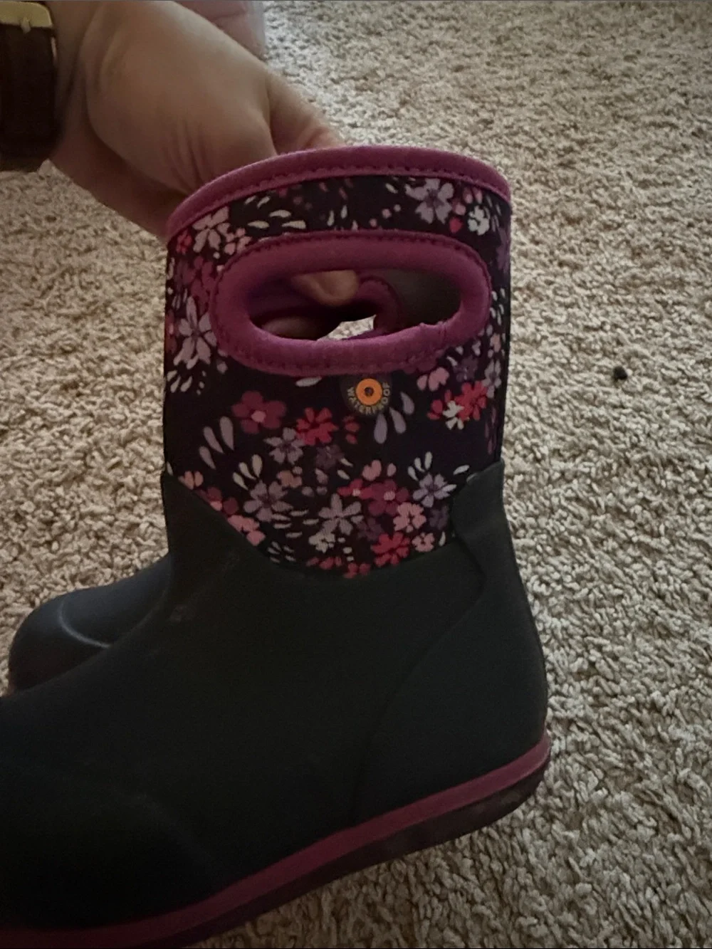 Bogs Kids Black Rain Boots with Purple Floral Shaft